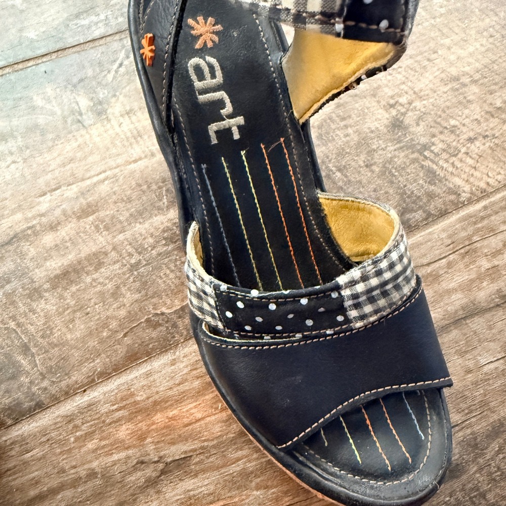 Art Vintage Women's Patchwork Gingham Dot Black Leather Jute Wedge Sandals,39 - Picture 5 of 12